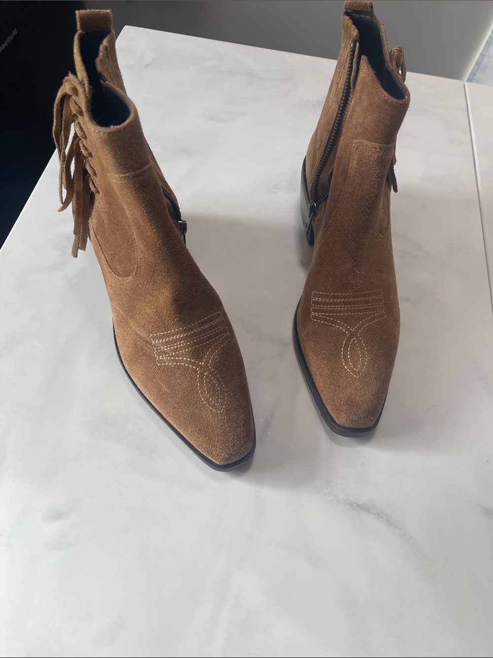 Donald J. Pliner Tan Suede Western Ankle Booties with Fringe